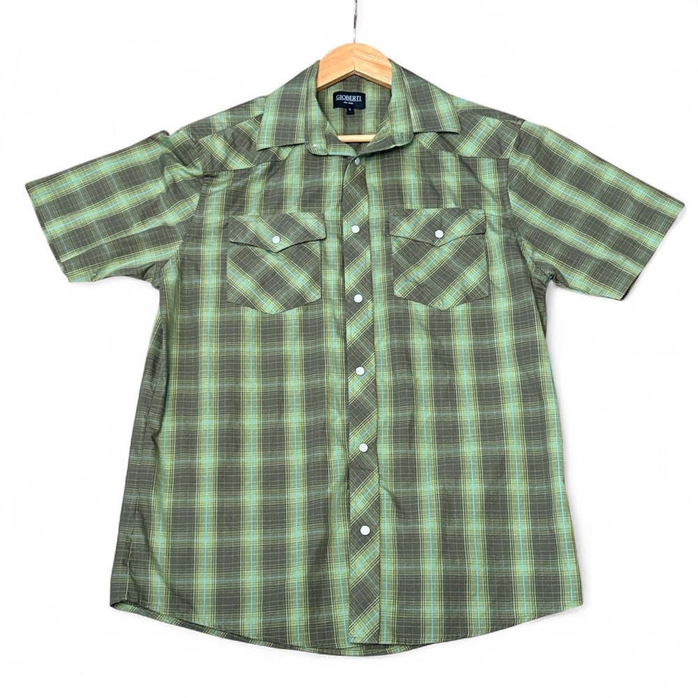Gioberti Western Shirt Men S Green Plaid Pearl Snap Short Sleeve Cowboy Indie